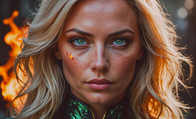 Poster - Woman with green eyes and green makeup. She is looking at the camera. The background has fire