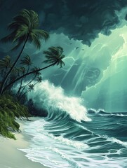 Poster - Violent hurricane impacts tropical island with bending palm trees and seawater flooding the shore