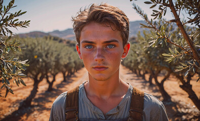 Aufkleber - Young man with blue eyes stands in a field of olive trees. He is wearing a backpack and a shirt