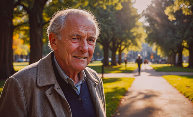 Aufkleber - Man with a beard and gray hair is smiling in front of a tree. He is wearing a jacket and a blue shirt