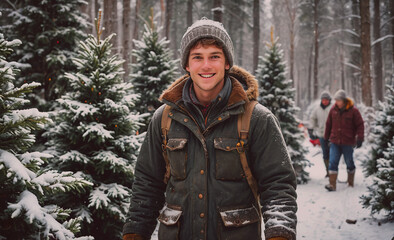 Aufkleber - Man wearing a green jacket and a hat is standing in a snow-covered forest. He is smiling and he is enjoying the winter scenery