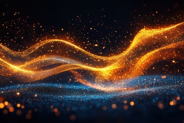 Poster - Ethereal golden energy waves dance across a dark cosmic canvas with sparkling particles creating a magical and captivating abstract background with a futuristic aesthetic