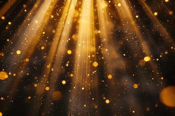 Poster - Golden light rays and bokeh particles create a magical and festive atmosphere on a dark background perfect for celebration