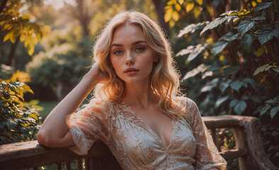 Poster - Woman in a white dress is sitting on a bench in a park. She has blonde hair and is wearing a necklace