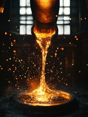 Aufkleber - Molten metal flowing into casting molds in an industrial hall filled with sparks and flames