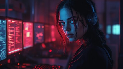 Poster - A focused individual with headphones works on computers, surrounded by vibrant red and blue lights, emphasizing a tech-driven environment.
