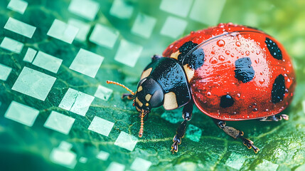 ladybug on leaf, digital squares background, nature closeup, technology concept, website banner