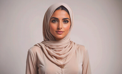Poster - Woman wearing a white hijab with a gold necklace. She has a beautiful smile on her face