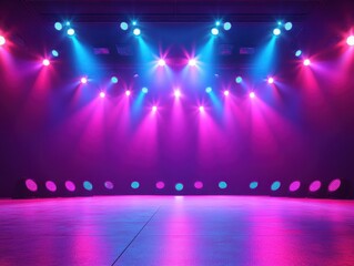 Poster - Stage lights illuminate empty venue with vibrant pink and blue hues creating a dynamic and energetic atmosphere perfect for performance or event