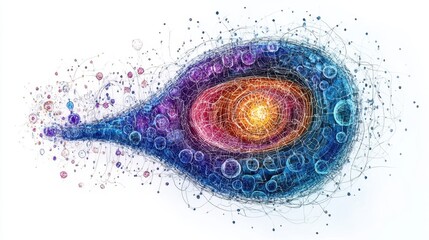 Poster - Abstract illustration of a neuron cell with vibrant colors and intricate details on a white background with a dynamic and modern style