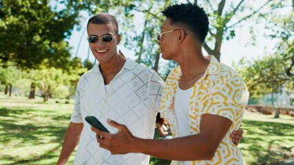 Poster - Phone, nature and friends in conversation laughing for celebrity gossip with online blog. Happy, social networking and men with cellphone browsing media with reaction for funny post outdoor in park.
