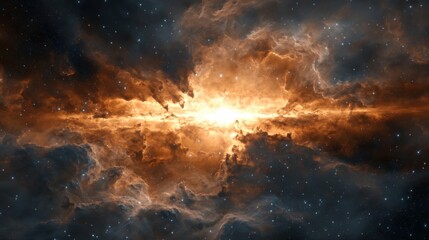 Wall Mural - bright orange and yellow light bursts through dark clouds of gas and dust in a magnificent cosmic ex