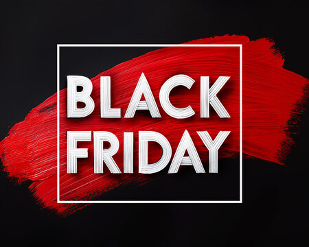 A poster promoting a badge banner sale, a white square frame, a skewed brilliant red brushstroke, and an isolated black background are all features of the Black Friday concept text title