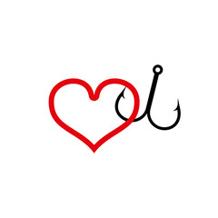 Poster - A stylized heart connects with a sharp fishing hook, merging love and fishing in a simple design.