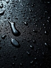 Poster - Abstract dark surface with water droplets glistening in soft light creating a moody and reflective texture for backgrounds and design projects