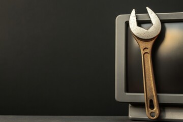 Aufkleber - Repair symbol on a monitor with wrench and nut overlay focused on computer service needs and maintenance tasks without distractions