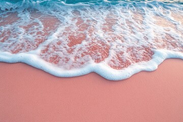 Poster - Serene pink sand beach with gentle turquoise waves creating foamy textures in a tranquil coastal scene with soft light and idyllic atmosphere