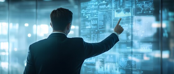 Poster - A businessman interacting with digital data on a transparent screen, showcasing advanced technology and innovation in the corporate environment, illustrating a data-driven future.