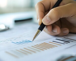 Poster - A close-up view of a person's hand holding a pen, analyzing financial graphs and charts on a document