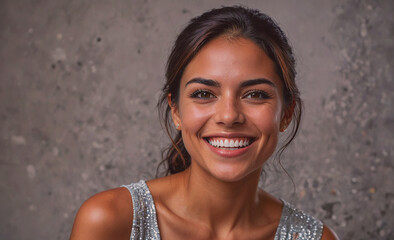 Poster - Woman with a smile on her face is wearing a silver tank top. She is standing in front of a wall