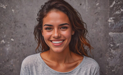 Aufkleber - Woman with long brown hair is smiling and wearing a gray shirt. She has a bright, happy expression on her face