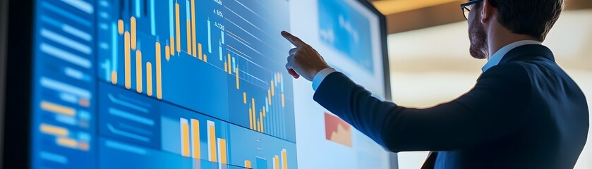 Poster - A professional analyzing data on a large screen in a modern office