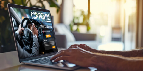 car rental website on computer screen for tourist to rent a car for transportation brisk