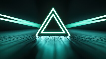 Poster - Glowing neon green triangle illuminating empty dark room with reflective floor creates a mysterious and futuristic atmosphere background, abstract