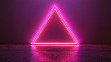 Poster - Glowing neon purple triangle illuminating empty dark room with reflective floor creates a mysterious and futuristic atmosphere background, abstract