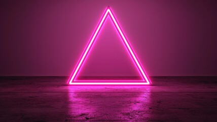 Poster - Glowing neon purple triangle illuminating empty dark room with reflective floor creates a mysterious and futuristic atmosphere background, abstract