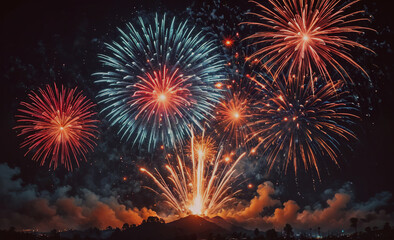 Poster - Fireworks display with a large firework in the center. The fireworks are in the sky and are lit up in red, blue, and white. Scene is celebratory and festive