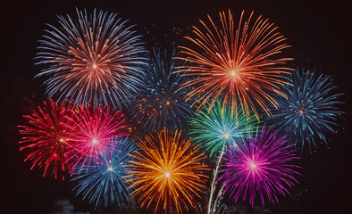 Poster - Fireworks display with a variety of colors and shapes. The fireworks are lit up in the dark sky, creating a festive and celebratory atmosphere