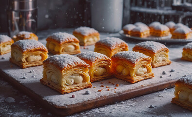 Poster - Tray of pastries with powdered sugar on top. The pastries are arranged in a neat row, and there are several of them on the tray