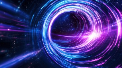 Poster - Luminous neon rings creating immersive tunnel effect, pulsing with vivid pink, orange, blue hues converging toward shadowy center background, abstract