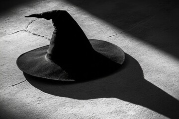 Wall Mural - A black hat with a pointed top is sitting on a sidewalk. The hat casts a shadow on the ground