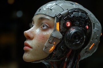 Poster - Robot head with intricate details showcasing futuristic technology in a high-tech environment