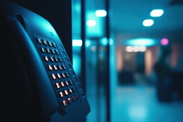 Poster - close up of illuminated alarm system keypad in a dimly lit office space creating a secure atmosphere