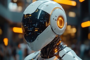 Poster - Futuristic humanoid robot with glowing details stands in a modern urban environment showcasing advanced technology
