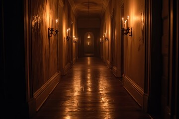 Wall Mural - A long hallway with a lot of light coming from the ceiling. The light is coming from candles and it is very dark