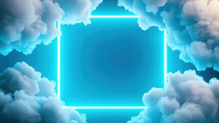Poster - Vibrant neon 3d frame rectangle glowing in a dreamy sky with fluffy clouds, creating a surreal and futuristic atmosphere background, abstract Copy space for text