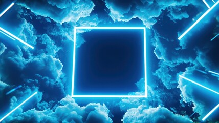 Poster - Vibrant neon 3d frame rectangle glowing in a dreamy sky with fluffy clouds, creating a surreal and futuristic atmosphere background, abstract Copy space for text