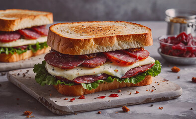 Aufkleber - Sandwich with meat and lettuce sits on a wooden table. The sandwich is cut in half and has a generous amount of meat and lettuce. The sandwich is accompanied by a bowl of condiments