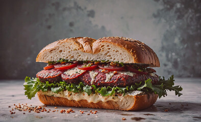 Aufkleber - Sandwich with lettuce and tomato on it. The sandwich is cut in half and is sitting on a table