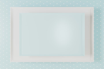 Poster - A blank white frame on a polka dot wall, perfect for holiday decorations or personal photos. 3d rendering