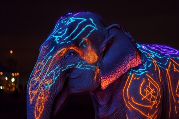 Poster - A neon colored elephant with a glowing eye. The elephant is surrounded by a dark background