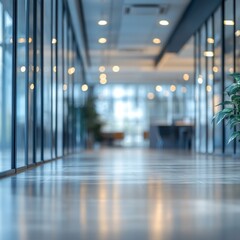 Poster - Serene corporate interior featuring modern glass walls and reflective floor creating a bright and spacious atmosphere with plant