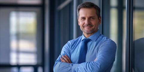 Aufkleber - A Male Executive Dressed in Smart Business Attire Smiles Happily While Posing in a Modern Office Environment, Effectively Representing Success, Confidence, and Leadership within the Corporate World
