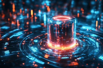 Poster - a futuristic data storage device glows in a high-tech digital environment, featuring vibrant neon co