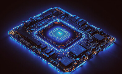 Aufkleber - Computer chip is lit up in blue and orange. The chip is a small, square piece of technology