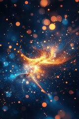 Poster - Ethereal Sparkle of Gold and Blue Light Trails on Dark Background Capturing Magic and Wonder in Abstract Style